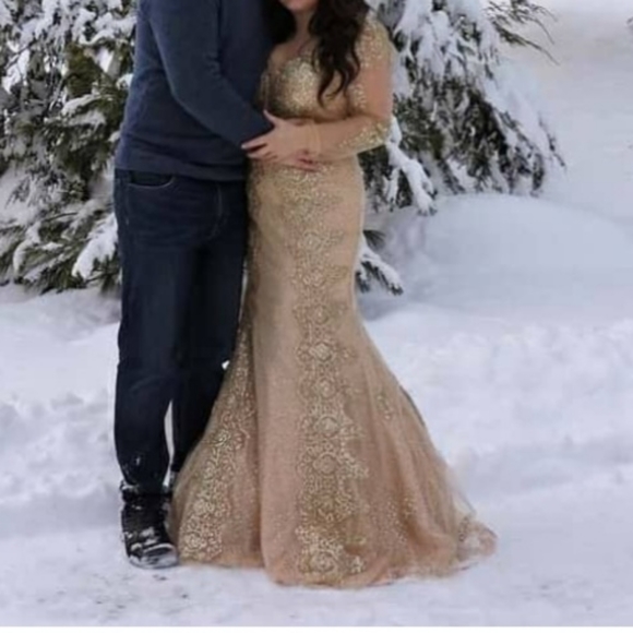 Gold Ball Gown Formal long sleeve dress - Picture 2 of 11